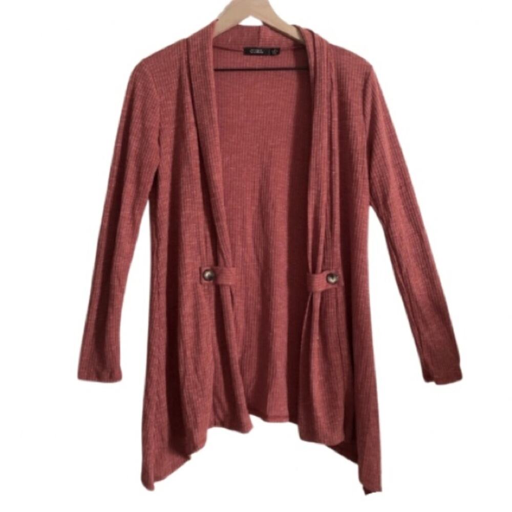 Cure Knit Ribbed Long Sleeve Open Button Asymmetrical Cardigan Sweater Medium